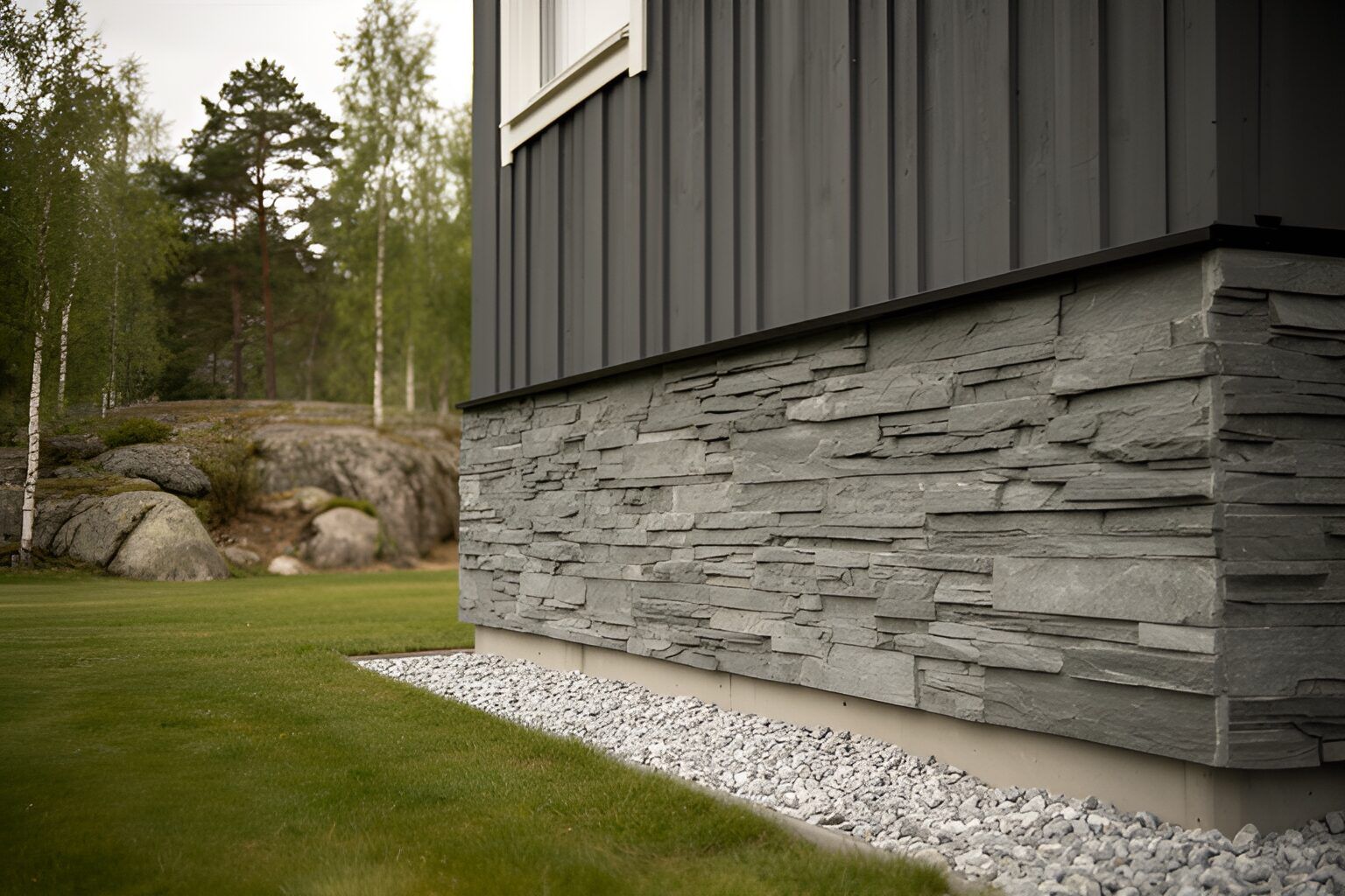 Husgrund klädd med natursten under mörk träpanel