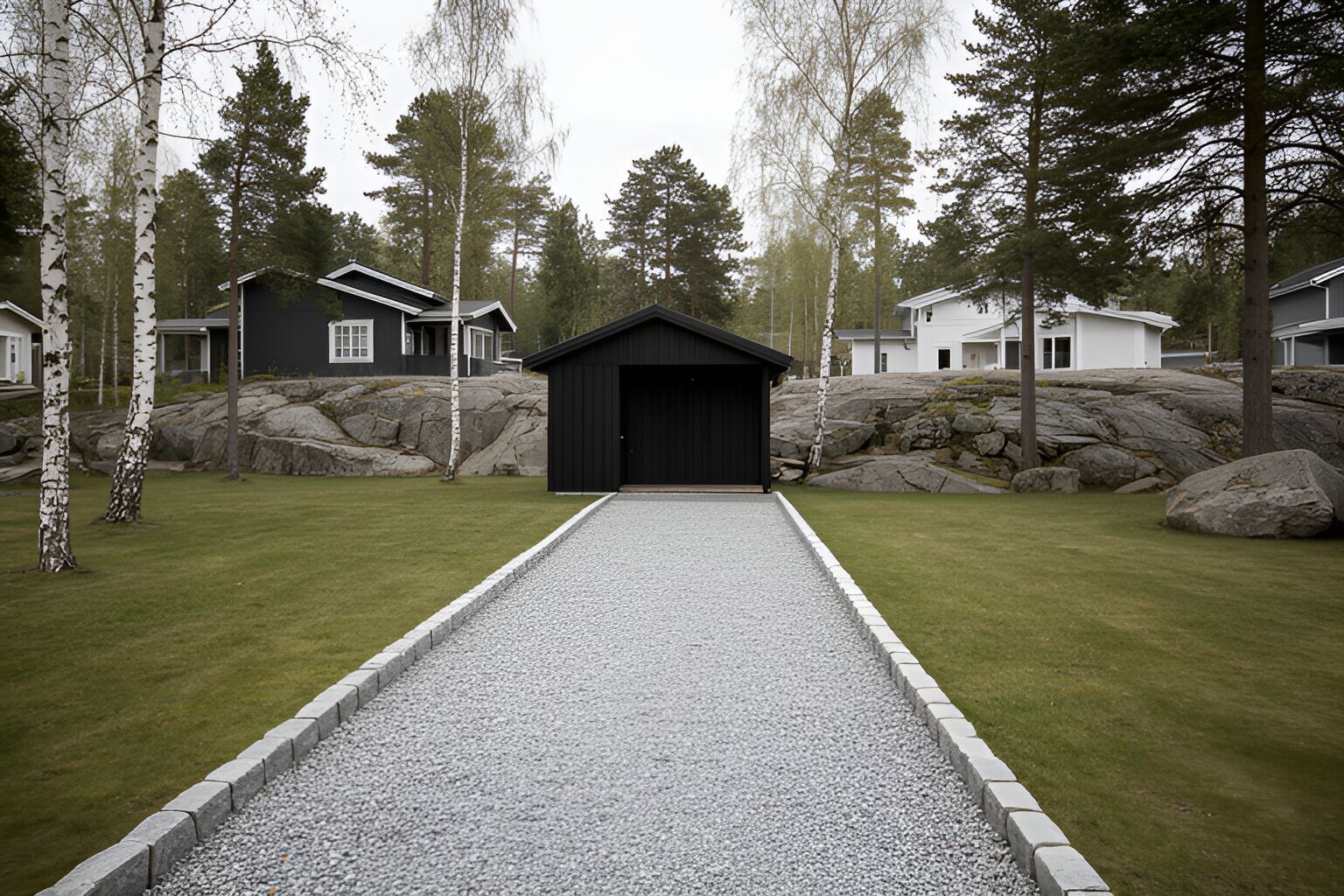 Grusgång med kant av smågatsten över en gräsmatta
