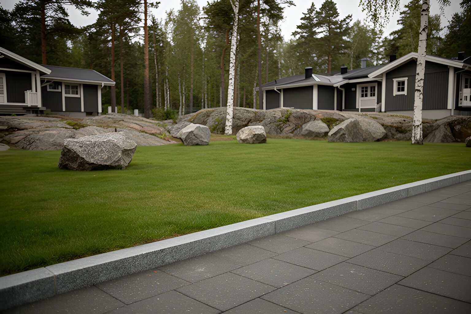 Kantsten i granit mellan marksten och gräsmatta