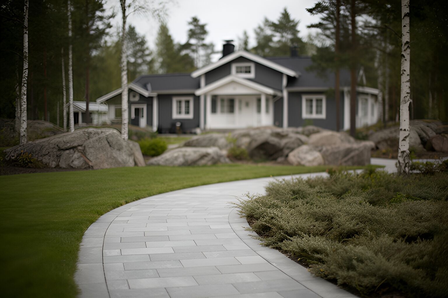 Gång av grå marksten i löpförband genom en trädgård