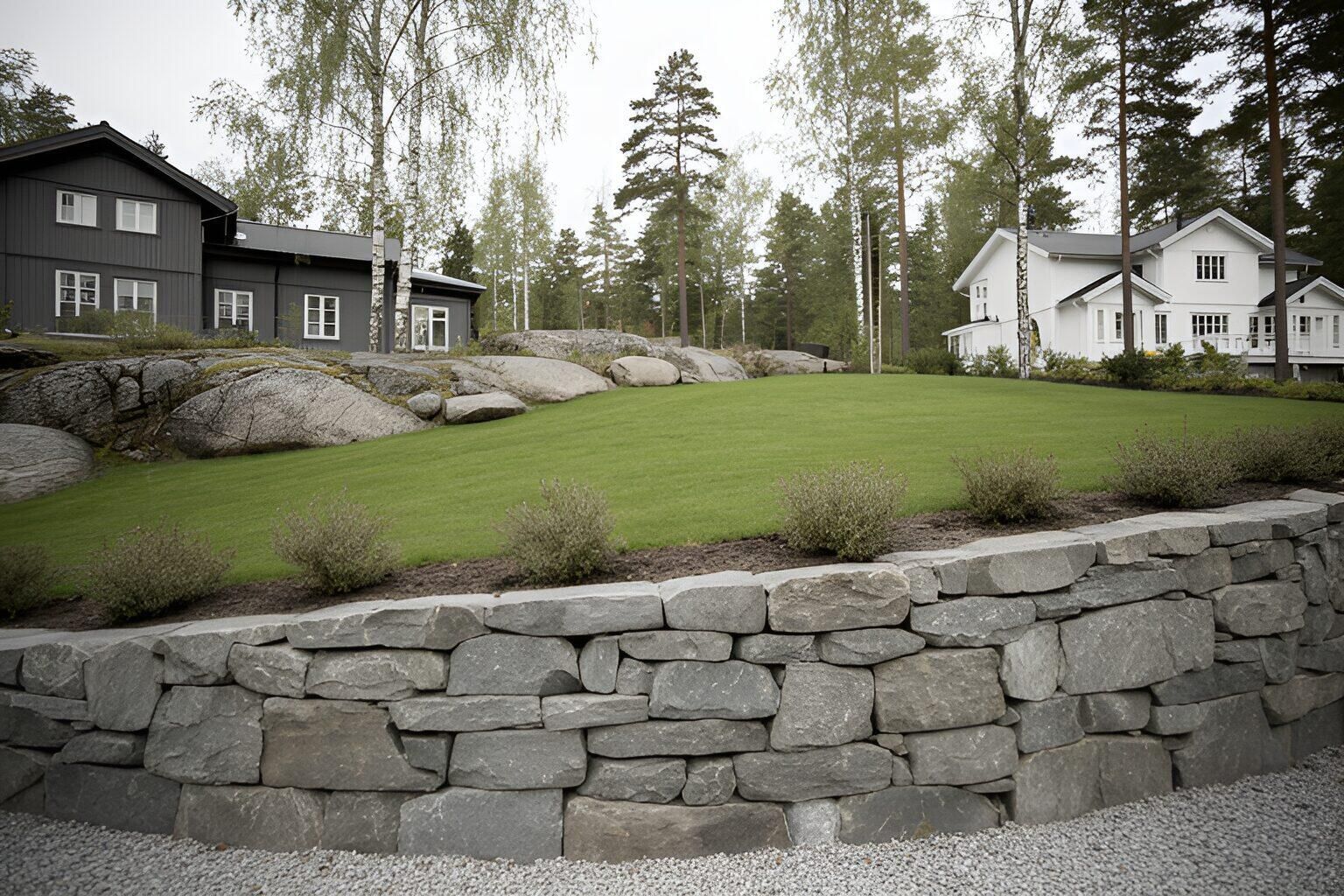 Svängd stödmur i natursten som håller upp en gräsmatta
