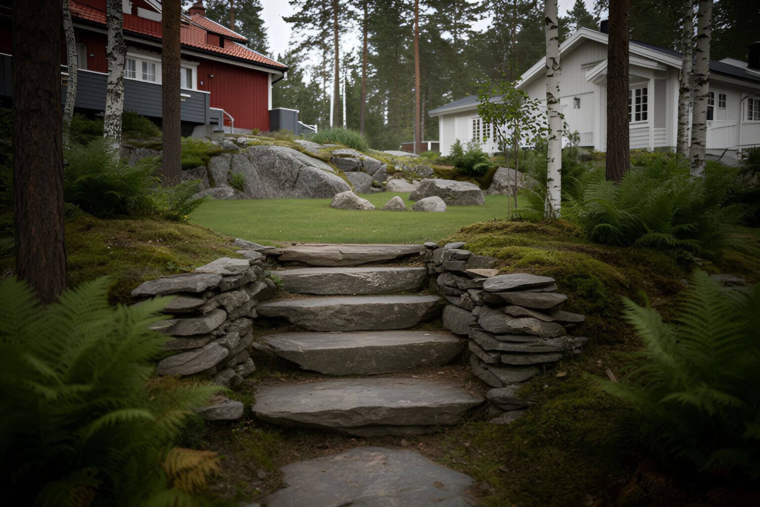 Trappa av natursten i en mossig slänt
