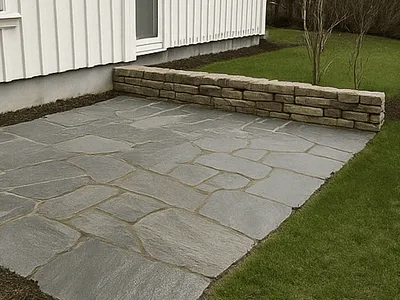 Naturstensuteplats med murad grillplats