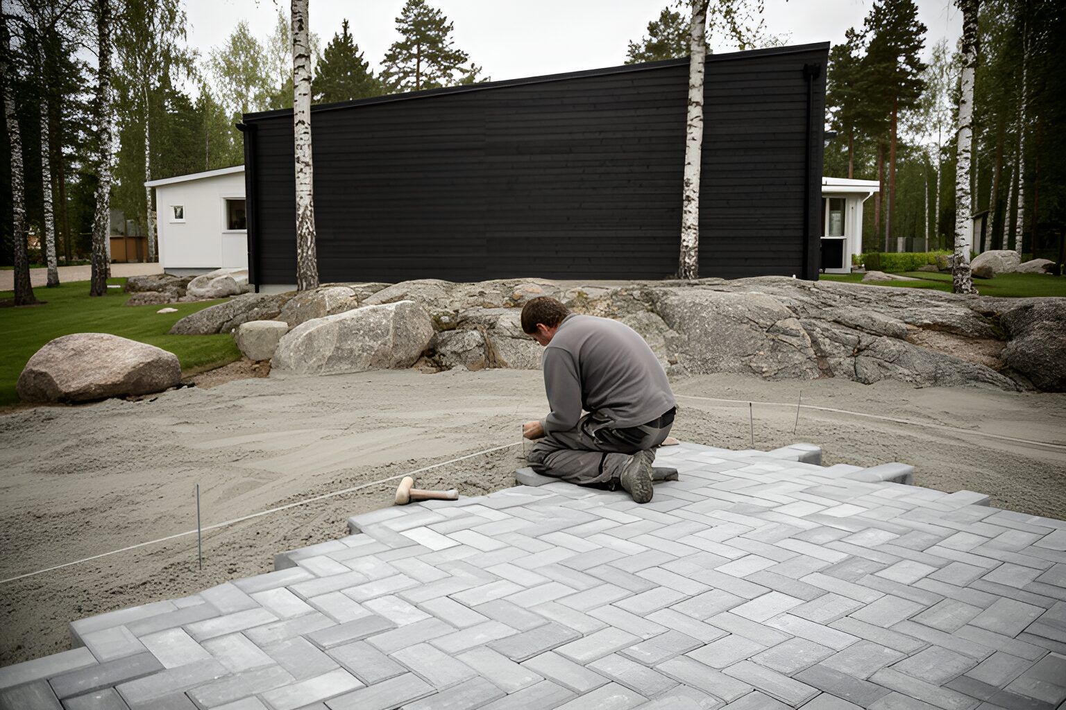 Marksten läggs i fiskbensmönster på ett sandlager
