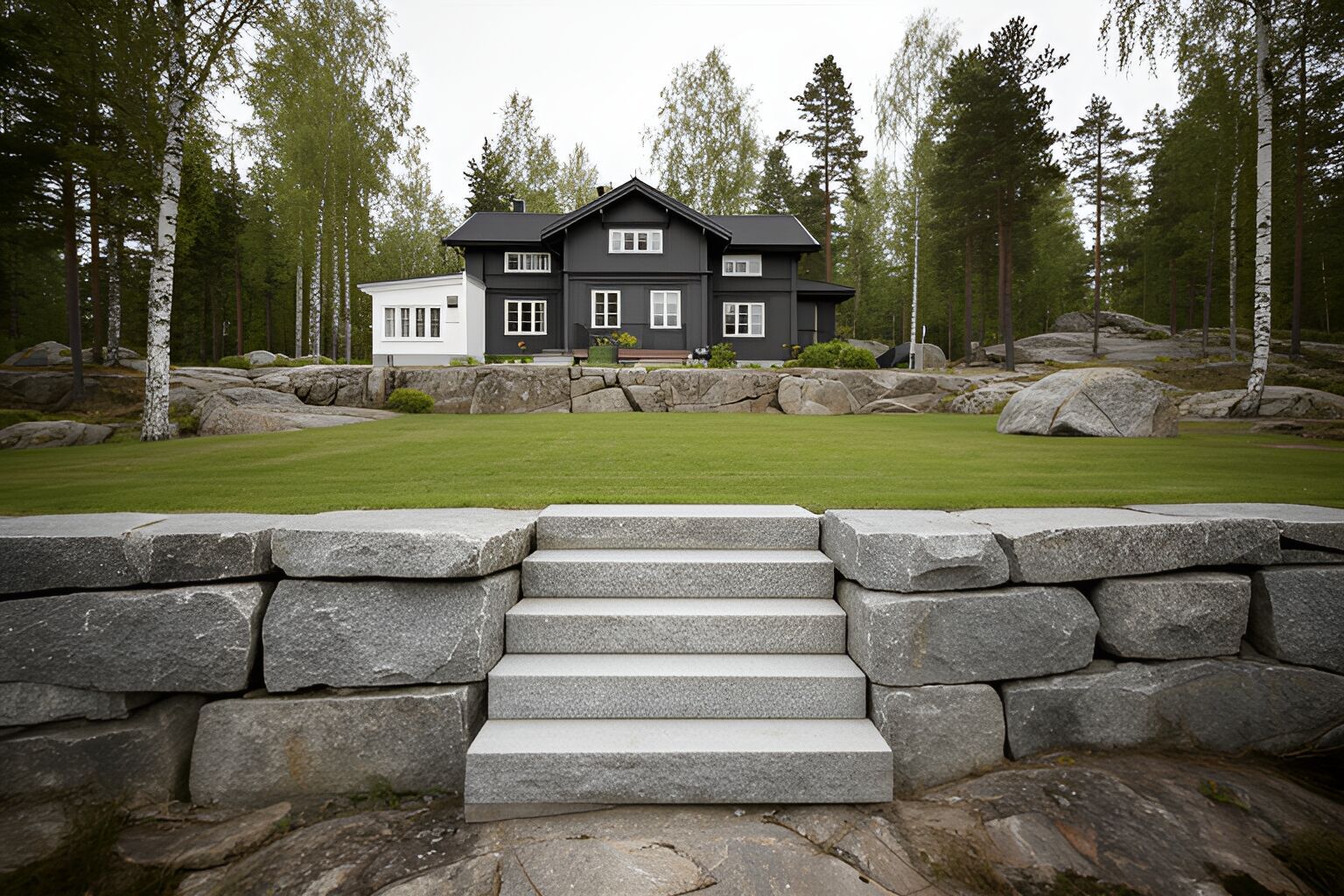Stödmur av granitblock med en trappa i mitten