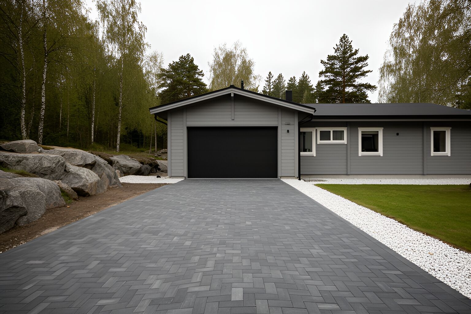 Uppfart av mörkgrå marksten i fiskben fram till ett garage