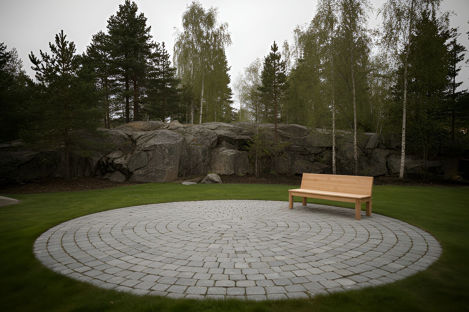 Rund uteplats av gatsten lagd i cirklar